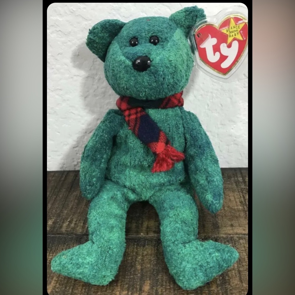 Ty Beanie Baby WALLACE Plush Green Bear with Red Scarf and Black Eyes MWMT New